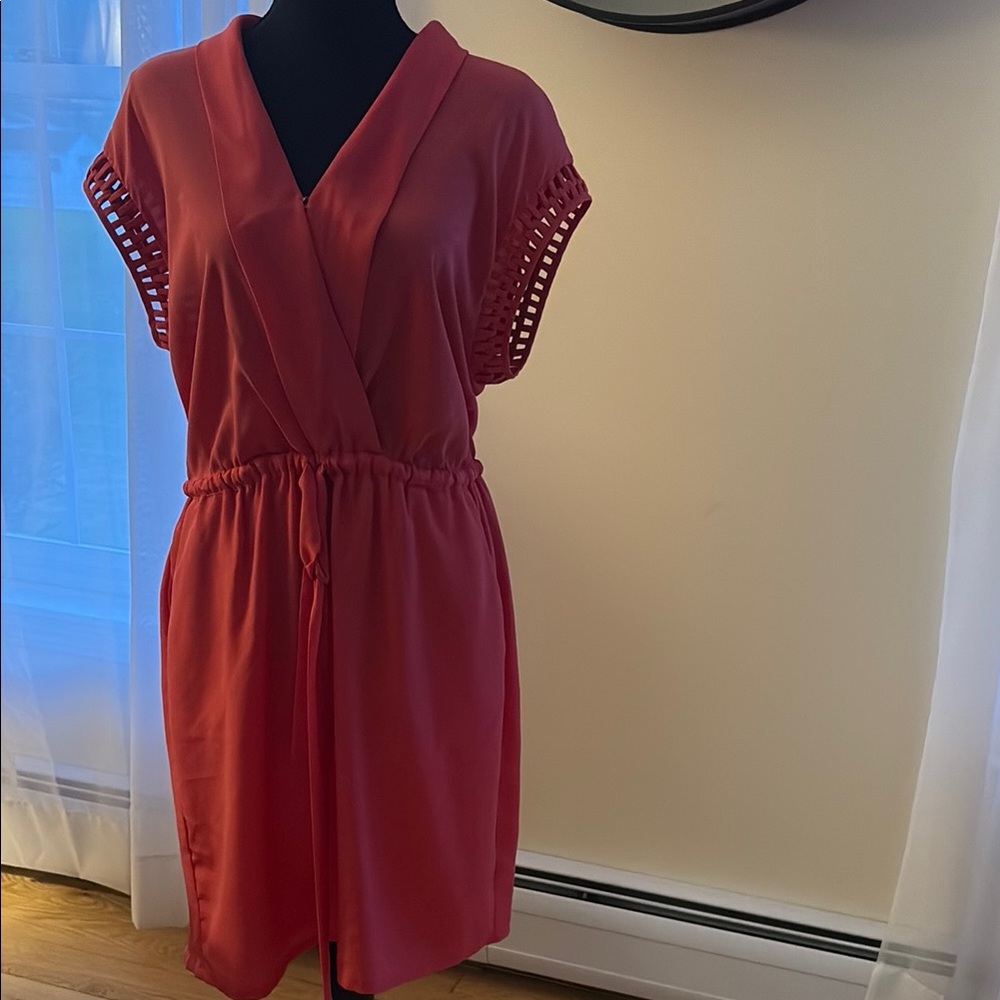 Coral Short Sleeve Dress with Drawstring Waist